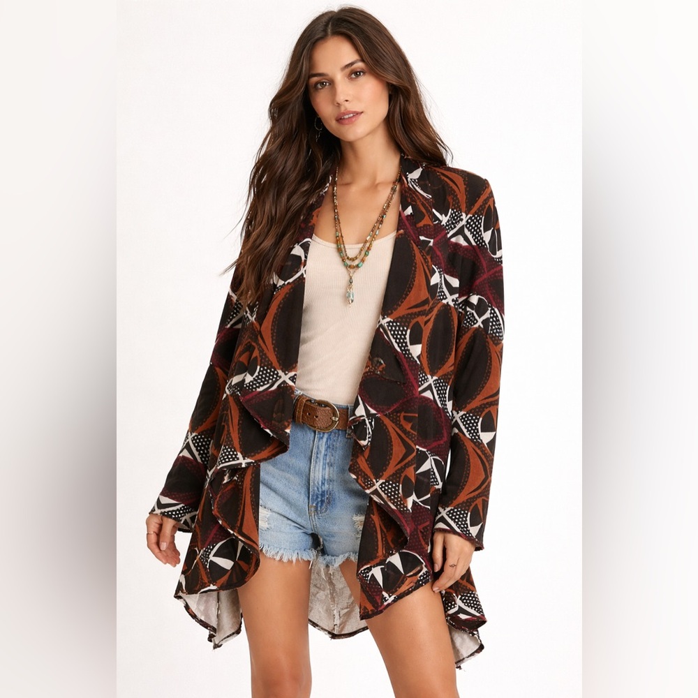 Free People Earthy Artsy Geometric Waterfall Cardigan | Size M - Picture 1 of 10